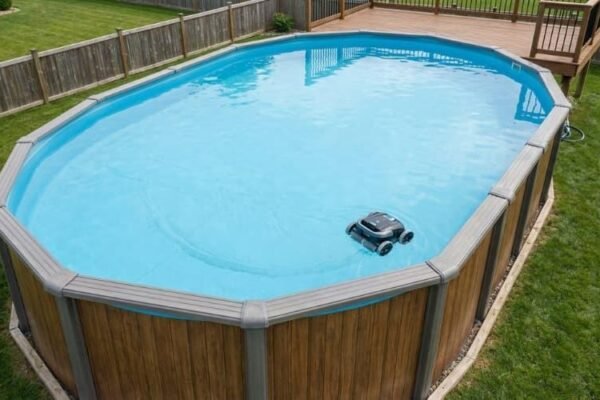 A robotic pool cleaner working in an above ground pool with clearly visible structural design